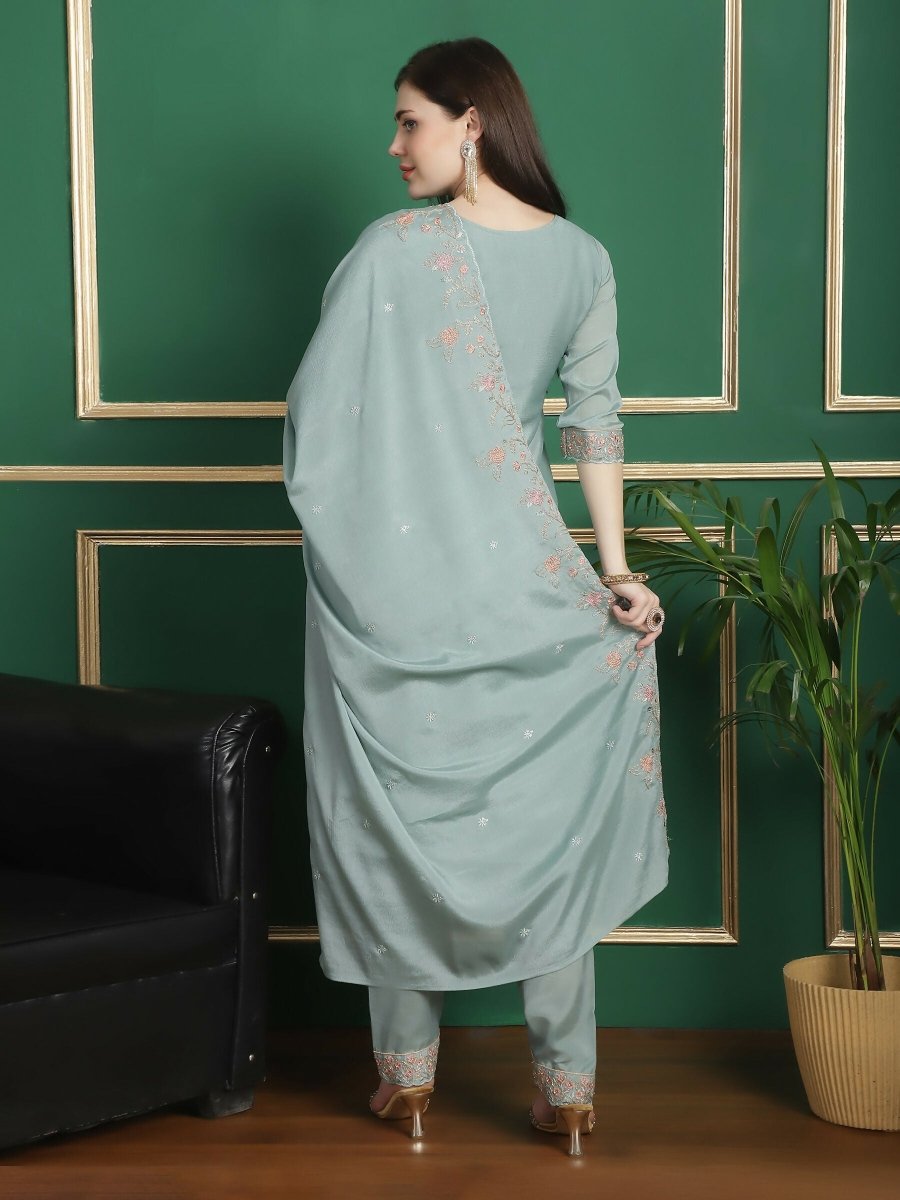 Aastha Fashion Women's Turquoise Chinon Chiffon Floral Embroidery with Cording & Crystal Work Designer Straight Suit Set - Distacart