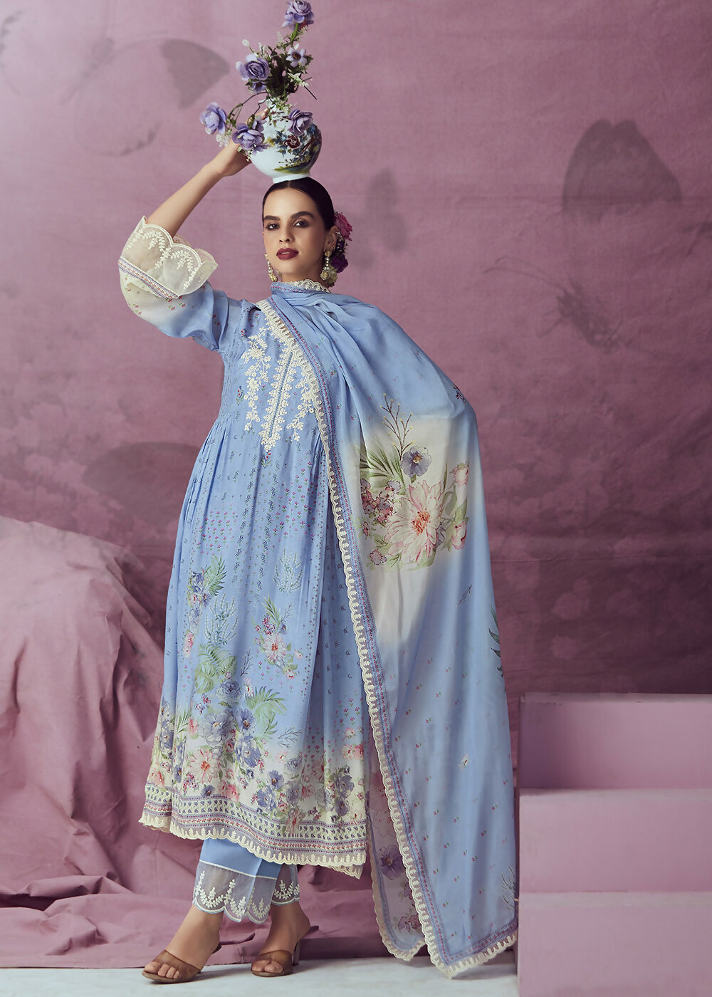 Pretty Blue Muslin Cotton Printed Trendy Salwar Kurta Set - Emponline - Distacart