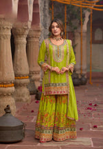 Thumbnail for Anaita Parrot-Green Chinon Readymade Palazzo Suit with Codding Dori & Sequence Work - Distacart