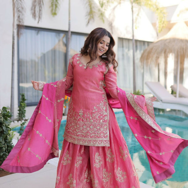 Teeya Creation Womens New Pink Color Fendi Crush With Zari & Sequins Embroidered Work - Dista