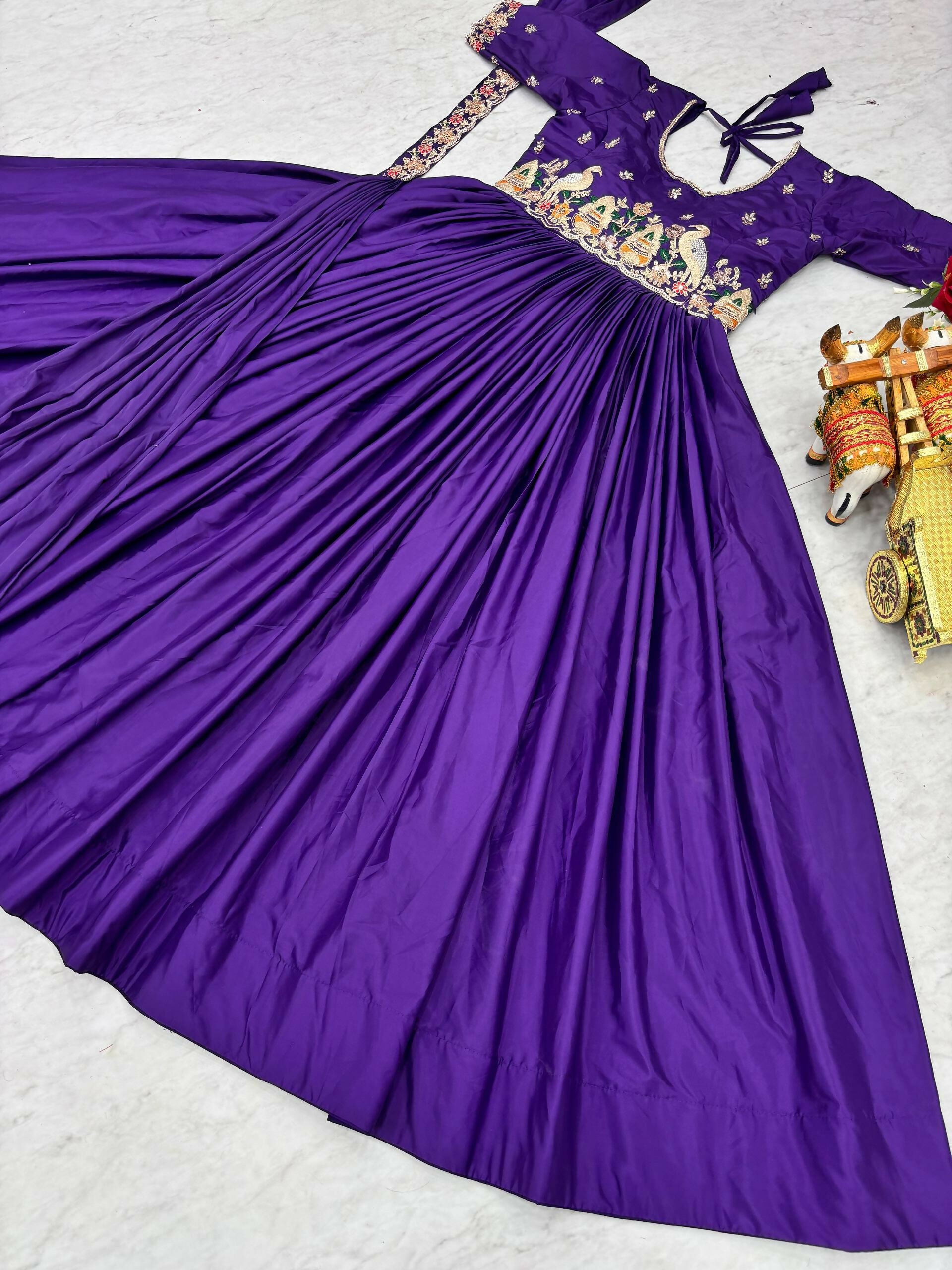 Teeya Creation Womens New Trendy Heavy Cording Sequence & Beads Embroidery Work Purple Gown Set - Dista