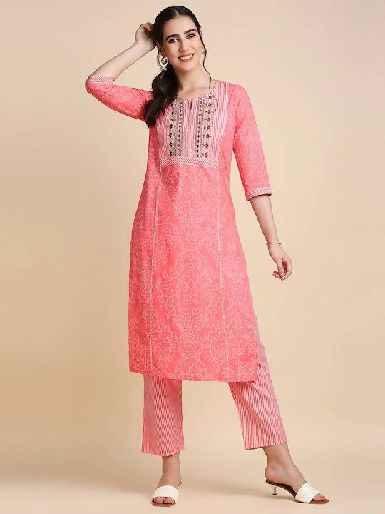 Anubhutee Pink & White Pure Cotton Bandhani Print Kurta with Trousers - Distacart