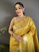 Thumbnail for Joban Fashion Yellow Peacock & Floral Motifs Tissue Paithani Saree - Distacart