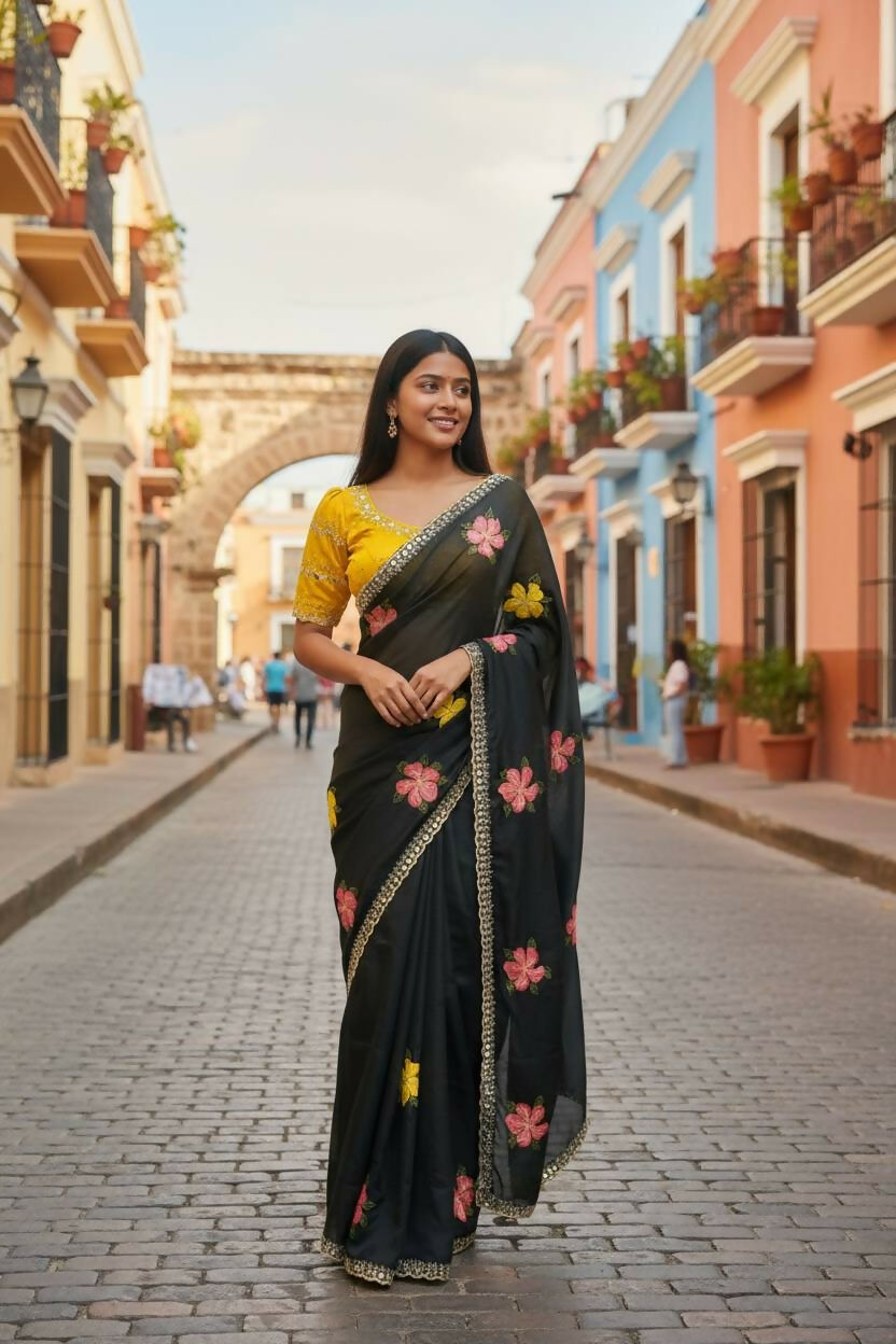 Teeya Creation Black Rangoli Silk Embroidery Work Party Wear Designer Saree - Distacart