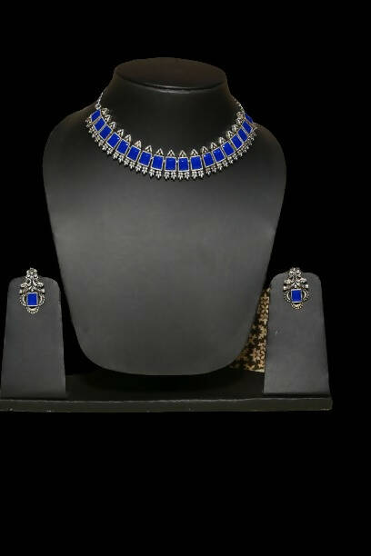 Artificial Stone Studded Oxidized Necklace Blue Jewellery set with 1 Pair of Earrings By House of Ree - Distacart