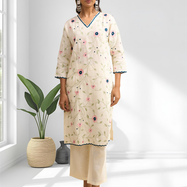 Joban Fashion Cream Linen Embroidered Readymade Long Kurta With Pant - Distacart