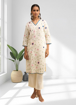 Thumbnail for Joban Fashion Cream Linen Embroidered Readymade Long Kurta With Pant - Distacart