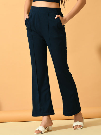 Myshka Women's Navy Blue Flared Party Trouser - Distacart