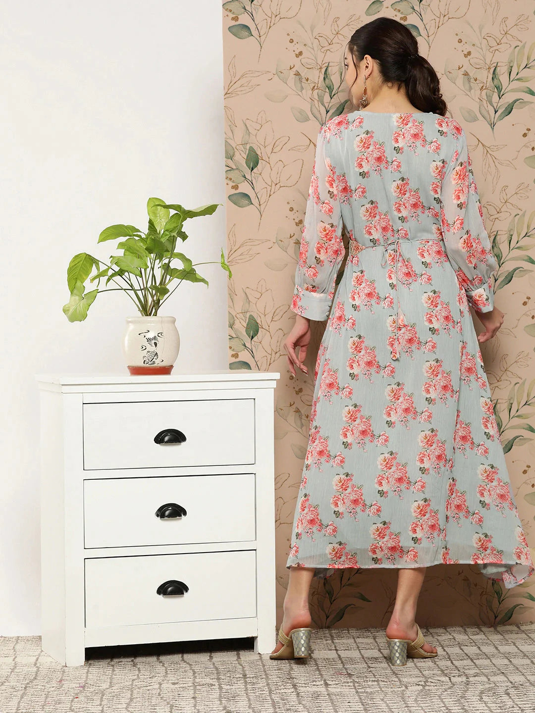 Yufta Floral Chiffon A-Line Midi Dress - Distacart