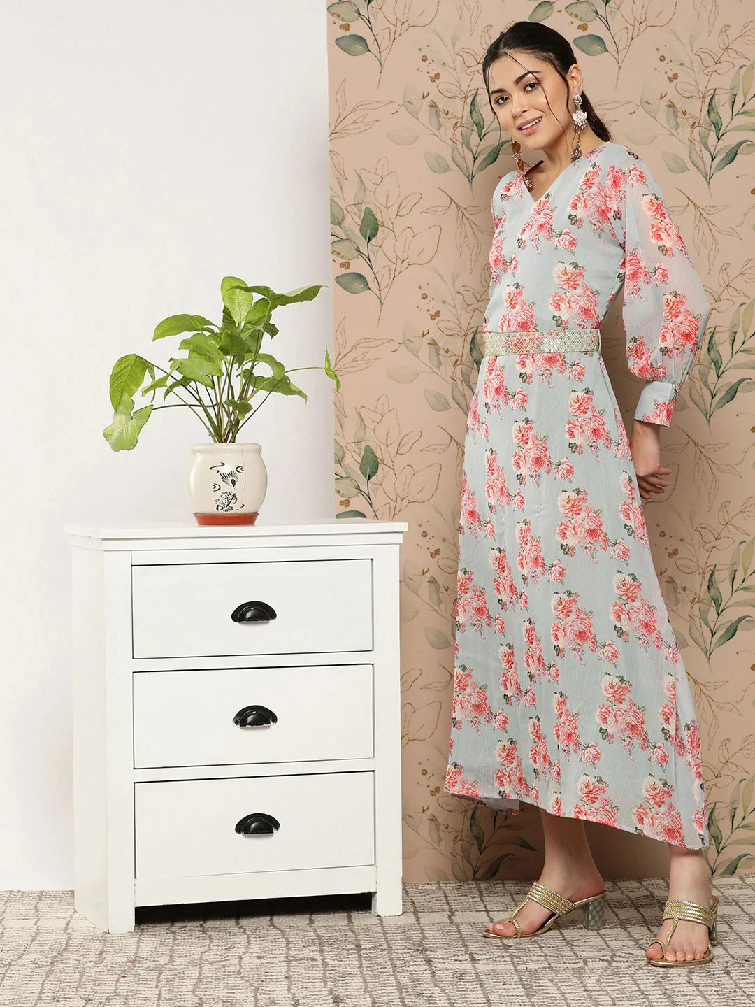 Yufta Floral Chiffon A-Line Midi Dress