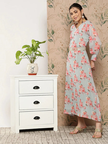 Yufta Floral Chiffon A-Line Midi Dress - Distacart