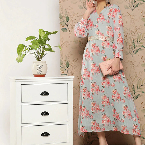 Yufta Floral Chiffon A-Line Midi Dress - Distacart