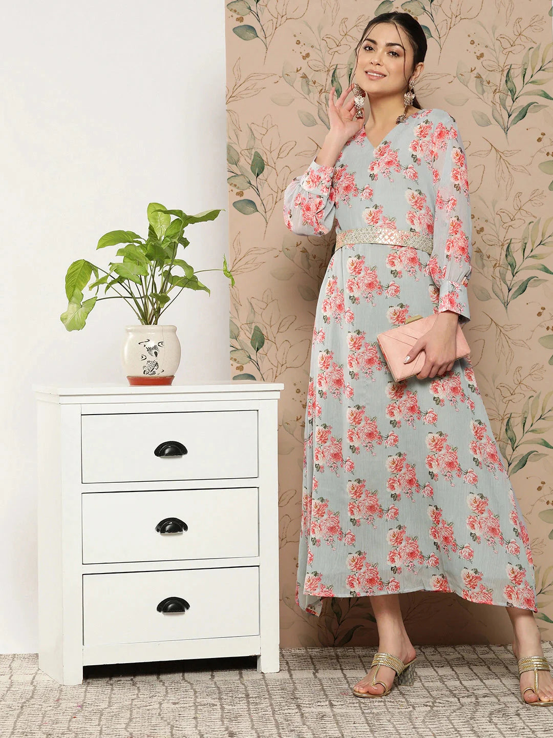 Yufta Floral Chiffon A-Line Midi Dress - Distacart