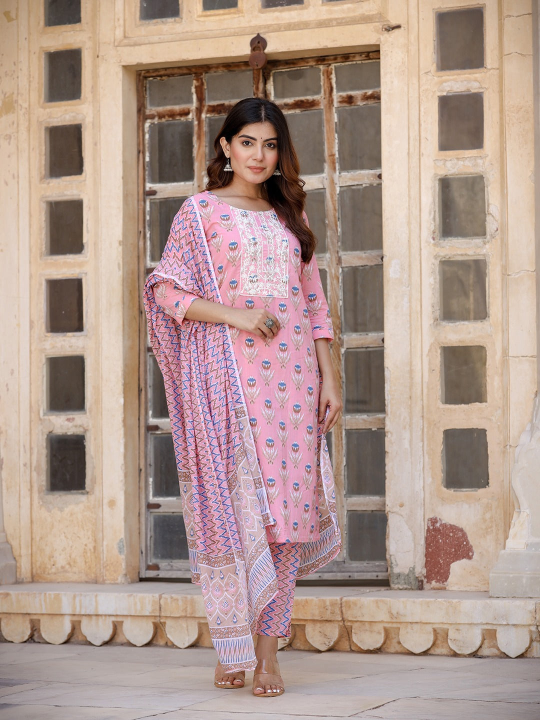 Yufta Floral Embroidered Regular Pure Cotton Kurta with Trousers & With Dupatta - Distacart