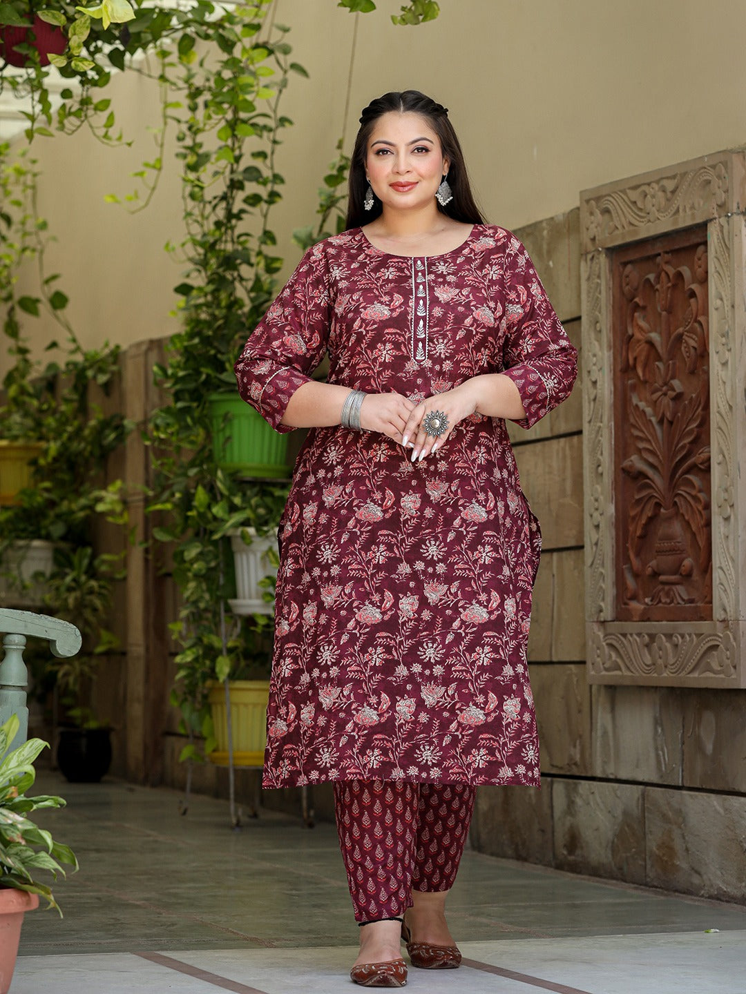 Yufta Floral Print Plus Size Gotta Patti Pure Cotton Kurta with Trousers & Dupatta - Distacart