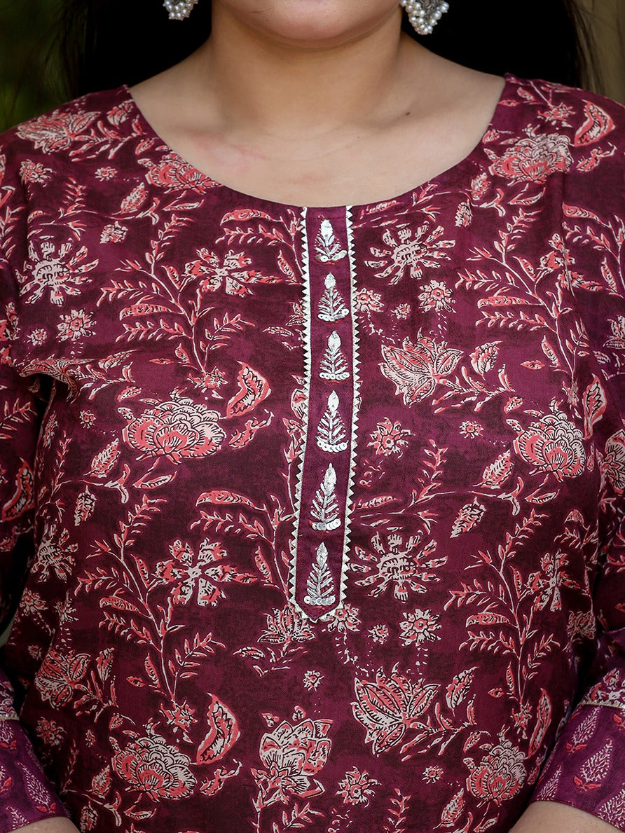 Yufta Floral Print Plus Size Gotta Patti Pure Cotton Kurta with Trousers & Dupatta - Distacart