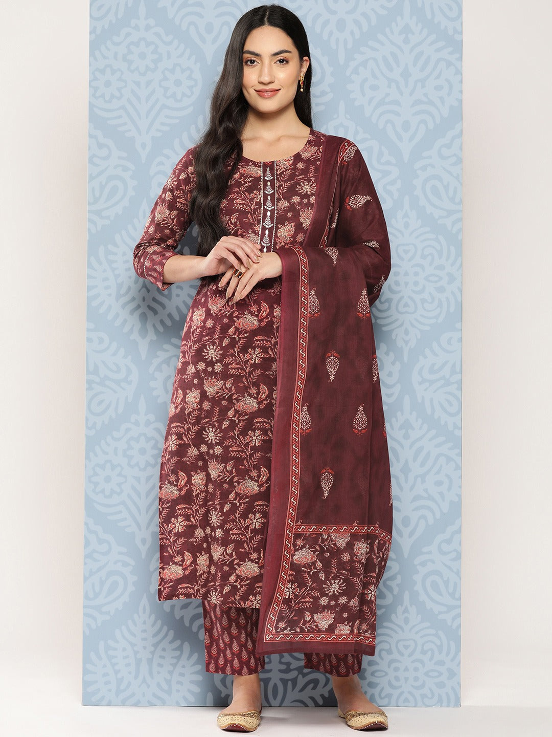 Yufta Floral Printed Regular Gotta Patti Pure Cotton Kurta with Trousers & Dupatta - Distacart