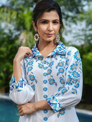 Yufta Blue White Printed Pure Cotton Kurta with Trousers - Distacart