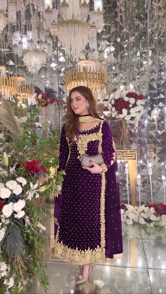 Joban Fashion Purple Velvet Sequence Embroidery Work Kurta Set