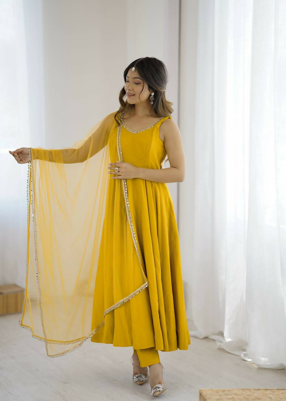 Preksha Creation Yellow Wedding Special Women Pure Roman Silk Chanderi Fabric Anarkali Gown With Dupatta And Pant