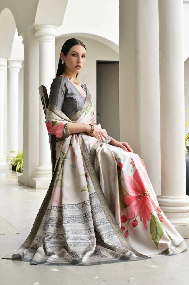 Vishnu Weaves Women's Grey Satin Silk Printed Saree with Blouse
