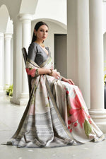 Thumbnail for Vishnu Weaves Women's Grey Satin Silk Printed Saree with Blouse