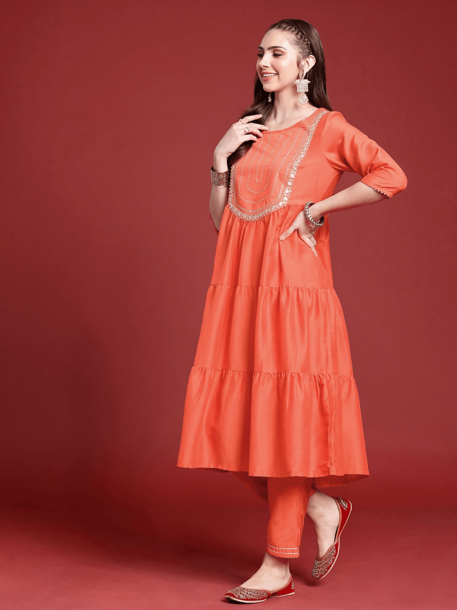 Anouk Floral Yoke Design Tiered Gotta Patti A-Line Kurta With Trousers & With Dupatta - Distacart