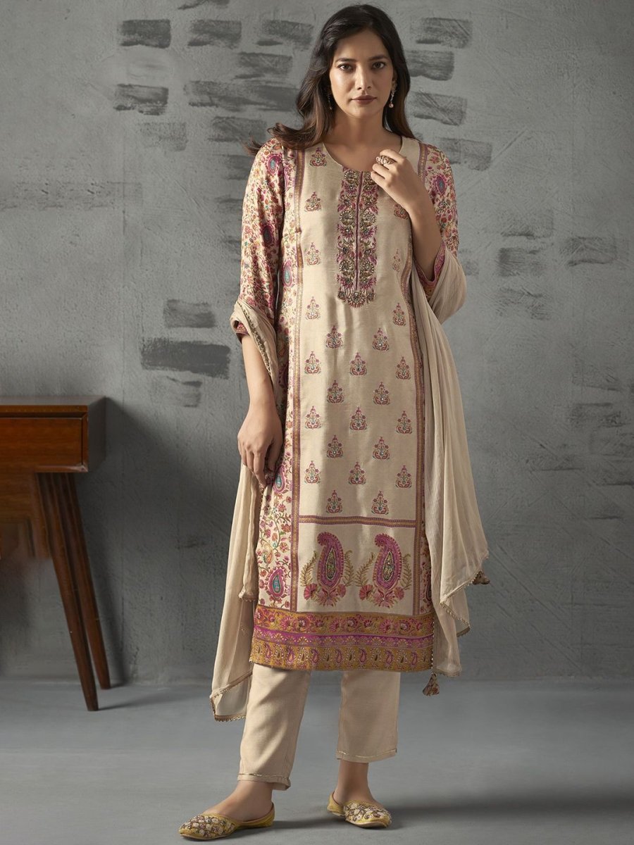 Anouk Cream Ethnic Motifs Printed Mirror Work Pure Silk Kurta With Trousers & Dupatta - Distacart