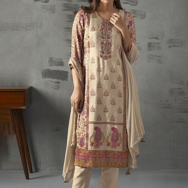 Anouk Cream Ethnic Motifs Printed Mirror Work Pure Silk Kurta With Trousers & Dupatta - Distacart