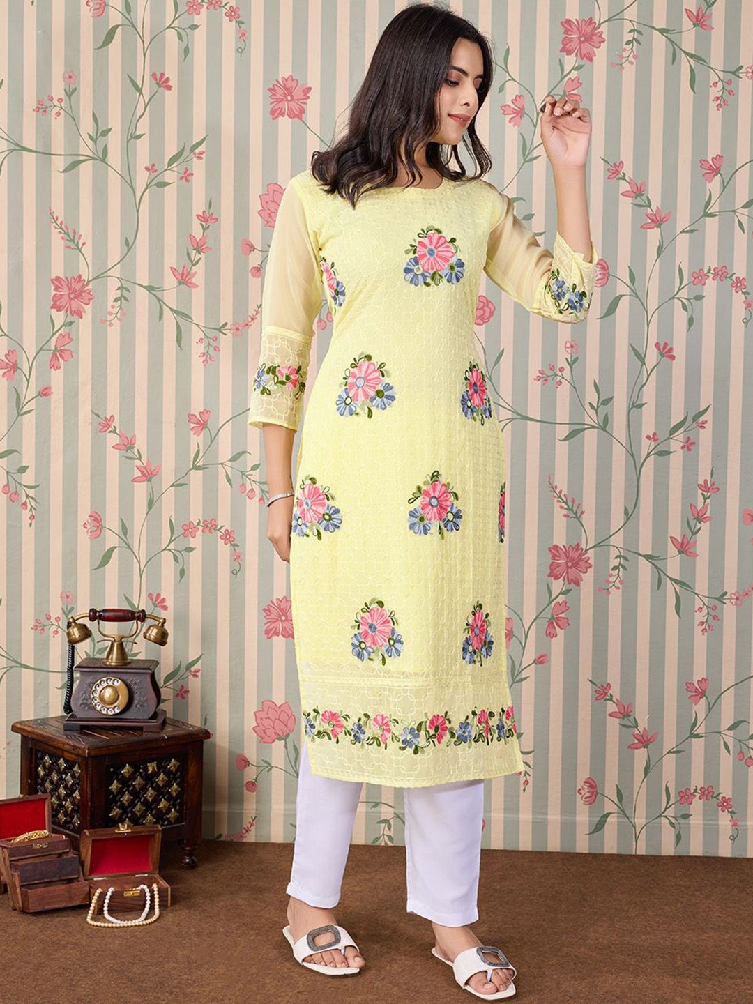 Ode by House of Pataudi Floral Embroidered Thread Work Floral Georgette Straight Kurta - Distacart