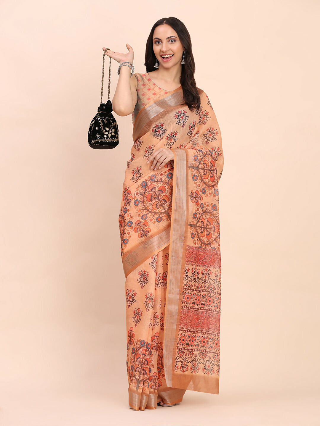 Shree Shyam Fashion Linen Cotton Orange Saree - Distacart