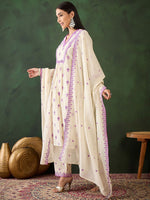 Thumbnail for Sangria Purple Floral Embroidered Thread Work Pure Cotton Kurta & Palazzos With Dupatta