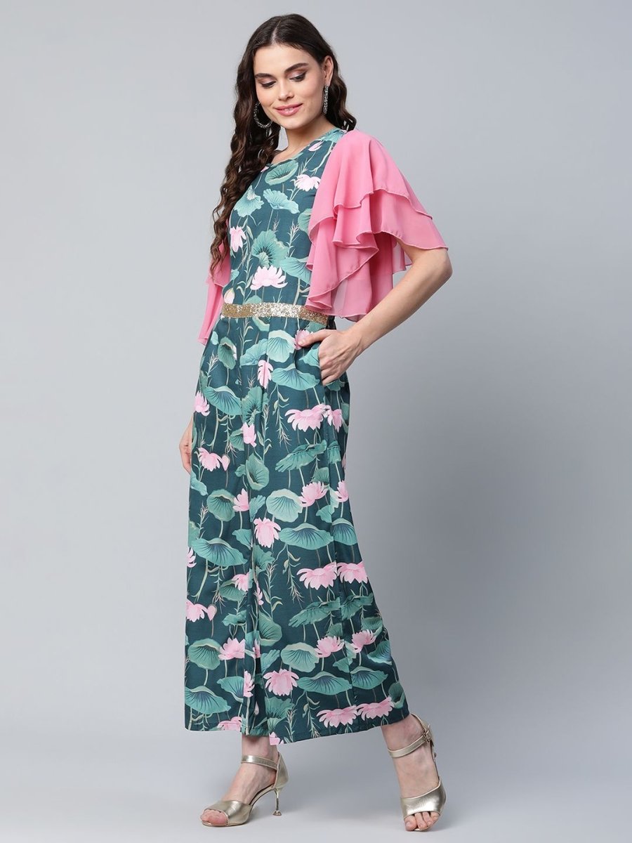 Ahalyaa Women's Dark Green Crepe Printed Jumpsuit