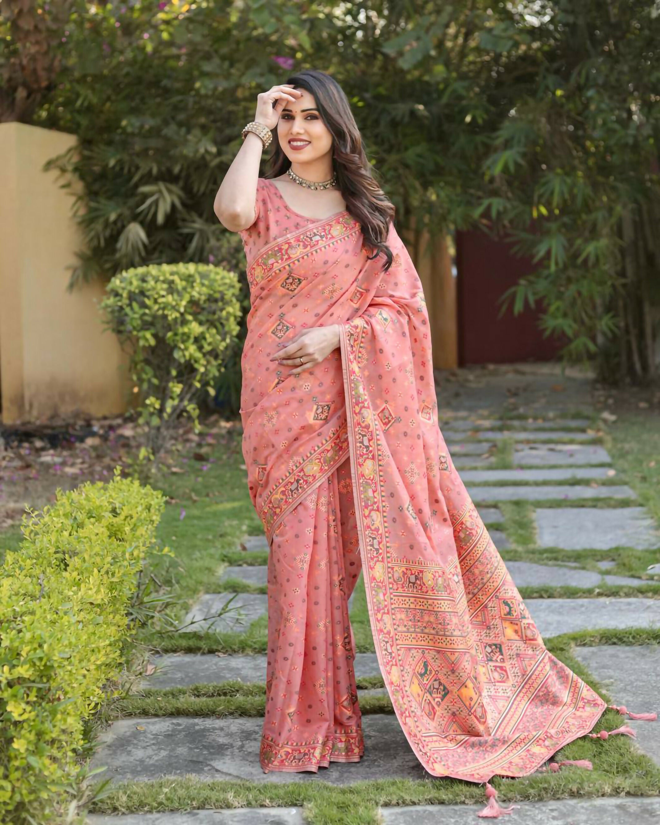 Vastranavya Luxury and Beautiful Soft, Smooth, Flowing Original Pashmina Soft Cotton Saree with Matching Blouse Fabric - Peach - Distacart