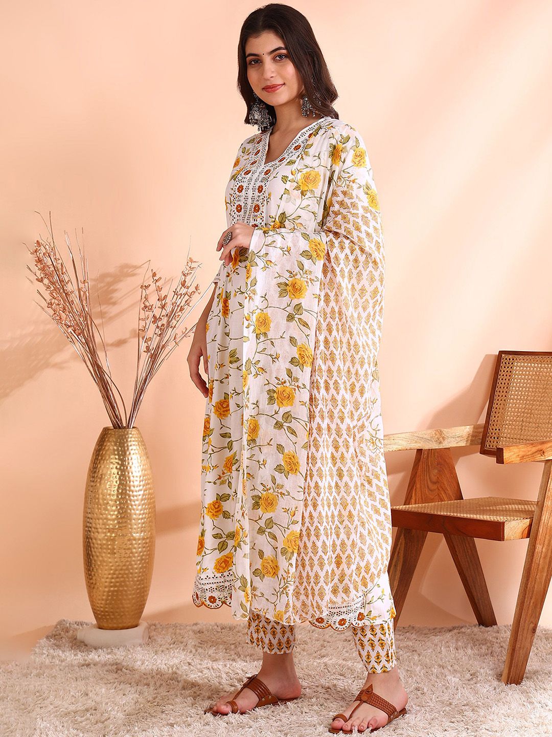 Ode by House of Pataudi Thread Work Pure Cotton Anarkali Kurta with Trousers & Dupatta - Distacart