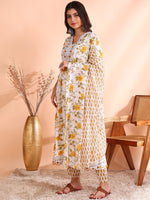 Thumbnail for Ode by House of Pataudi Thread Work Pure Cotton Anarkali Kurta with Trousers & Dupatta - Distacart