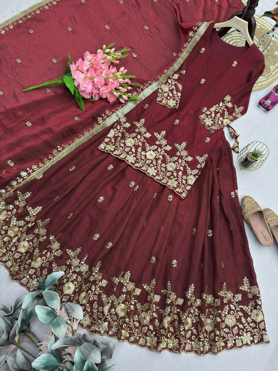 Teeya Creation Womens New Latest Heavy Embroidery Sequins Work Lehenga Set - Red - Dista