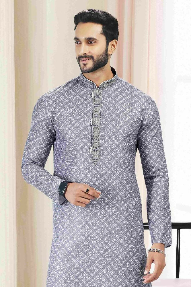Raivat Ethnic Cotton Thread Work Kurta Pajama In Grey Colour - Dista