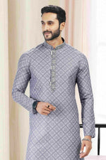 Thumbnail for Raivat Ethnic Cotton Thread Work Kurta Pajama In Grey Colour - Dista