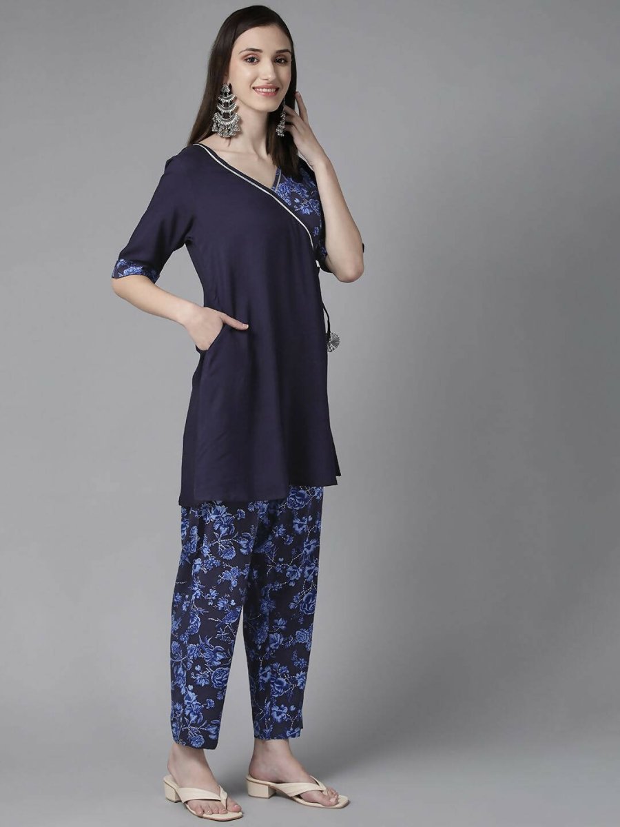 Ahalyaa Women Navy Blue Rayon Wax Printed Angrakha Gotta Patti Tunic With Trousers - Distacart