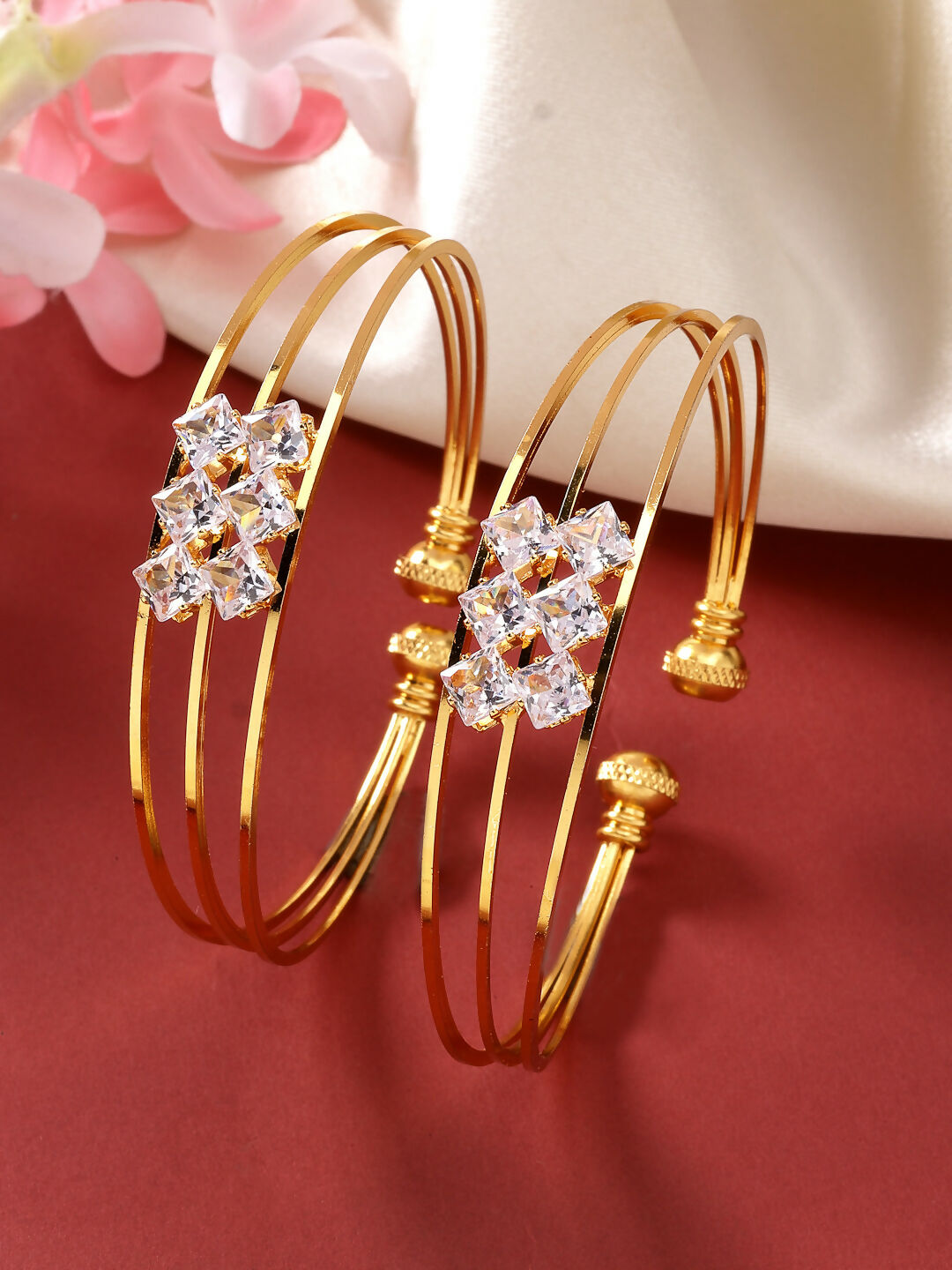 NVR Women's Set of 2 Gold-Polished CZ Stone-Studded Adjustable Bangles - Distacart