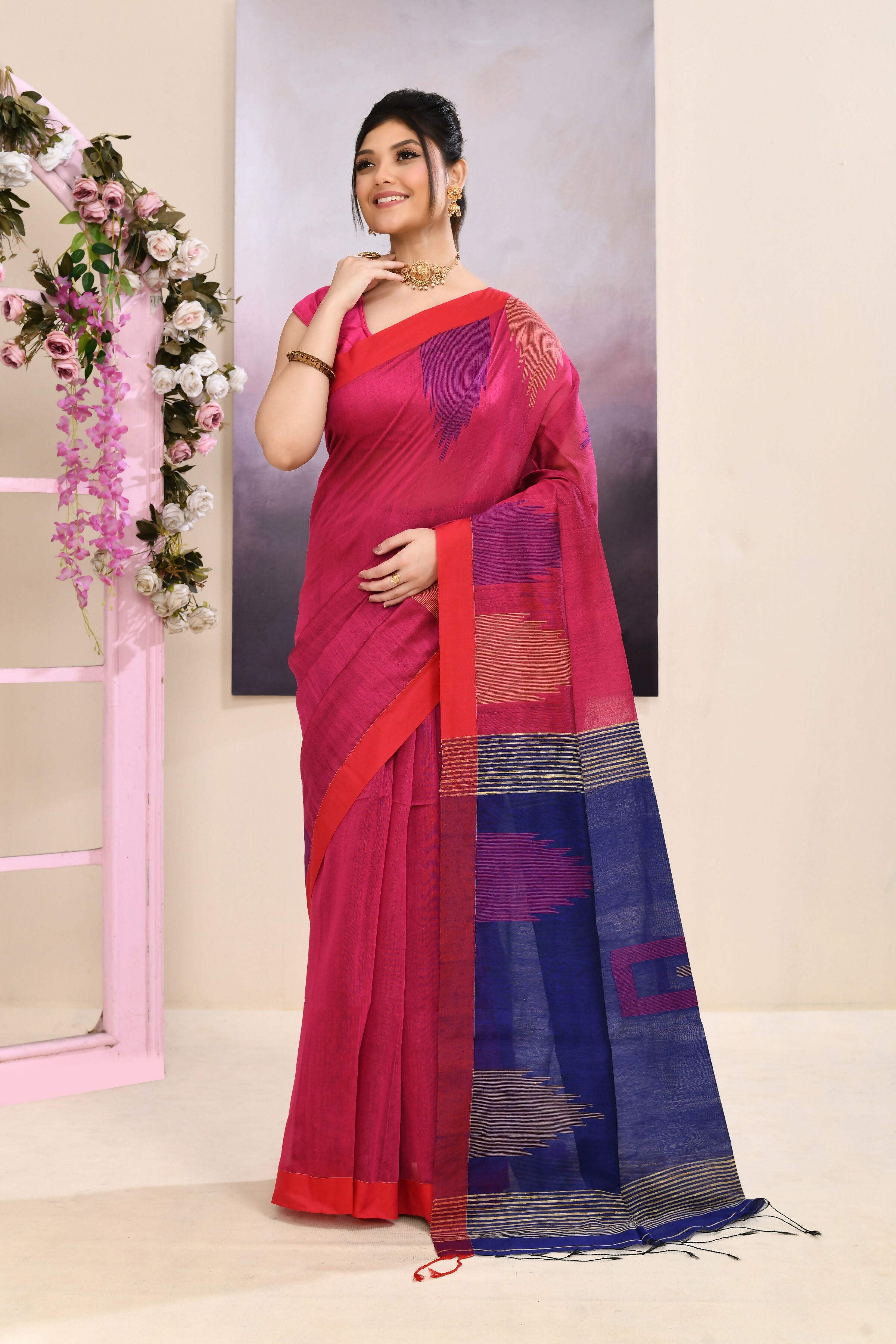 Piyari Fashion Women's Pink Temple Border Embellished Cotton Blend Jamdani Saree - Dista
