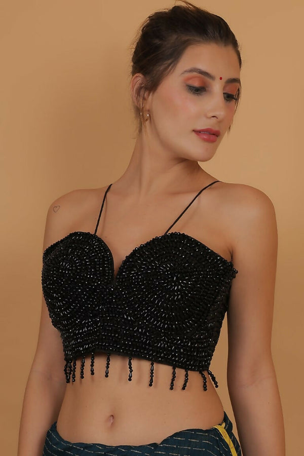 Joban Fashion Silk Pearl And Beads Hand Embroidery Padded Blouse - Black