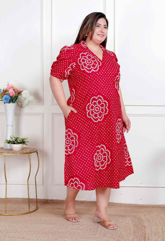 Miravan Plus Size Womens Red Bandhani Printed Collar Neck Maxi Dress - Distacart