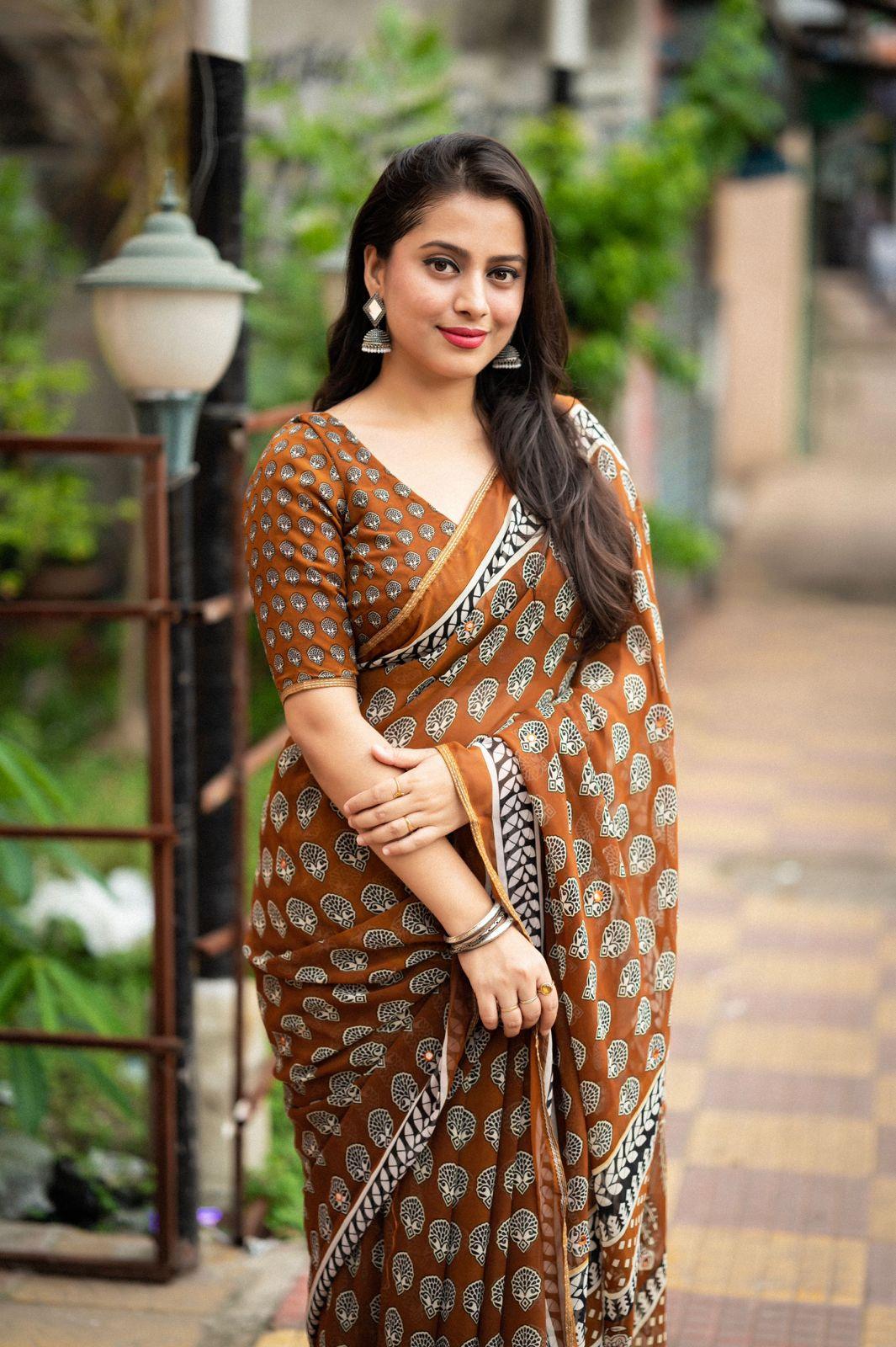 Mustard Poly Georgette Ajrak Saree with Unstitched Blouse - Hiral Fashion - Distacart