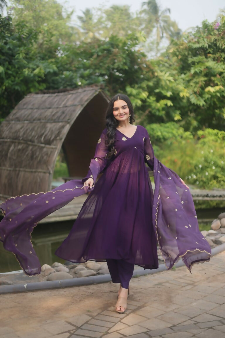 Jyoti Fashion Women's Wine Faux Blooming Embroidered Kurta with Trouser & Dupatta - Distacart