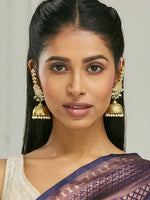 Thumbnail for Nuyug 22K Gold-Plated Floral Jhumki Kundan Studded Kanauti Earrings