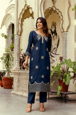 Thumbnail for The52 Navy Blue Women's Beautiful Viscose Chanderi Fabric Thread Work Straight Kurta Pant and Dupatta Set - Distacart