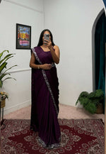 Thumbnail for Teeya Creation Wine Color Chinon Silk Wedding Wear Ready To Wear Saree With Koti - Distacart