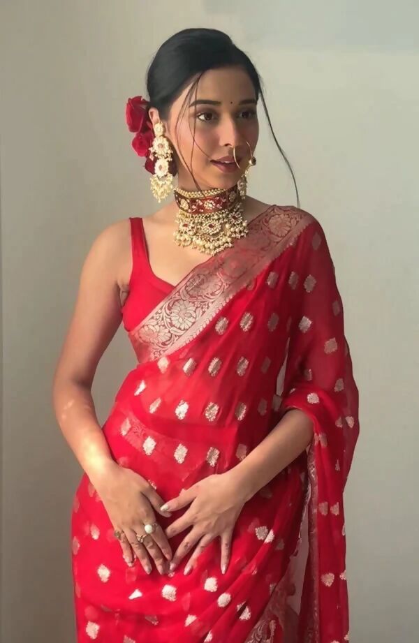 Malishka Cotton Silk Jacquard Ready To Wear Saree With Blouse Piece - Red - Distacart